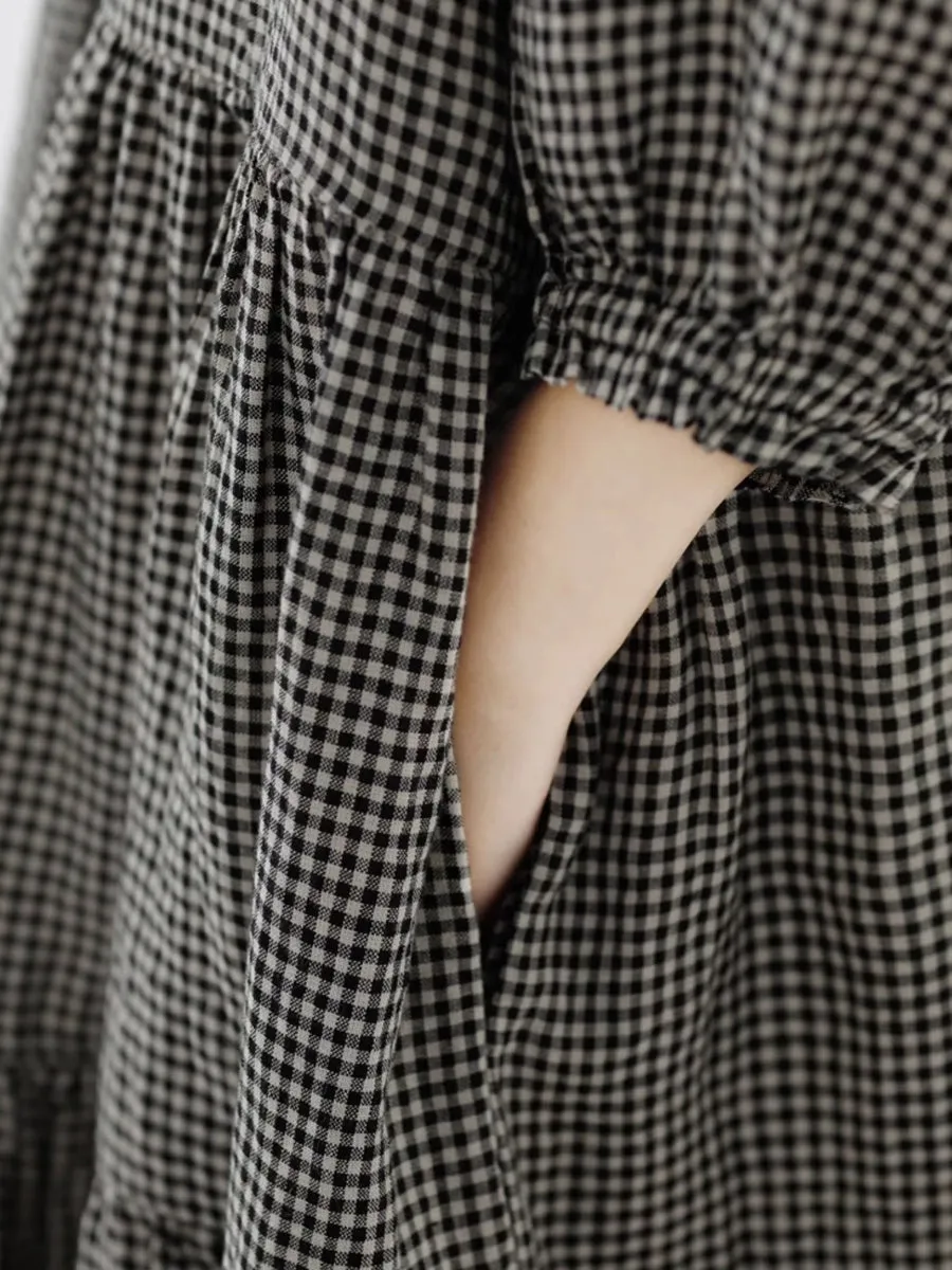 Women Artsy Plaid Loose 100%Linen Tiered Dress