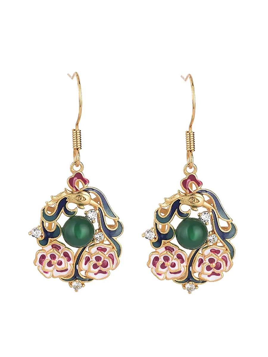 Women Chinese Style Enamel Flower Jade Silver Earrings
