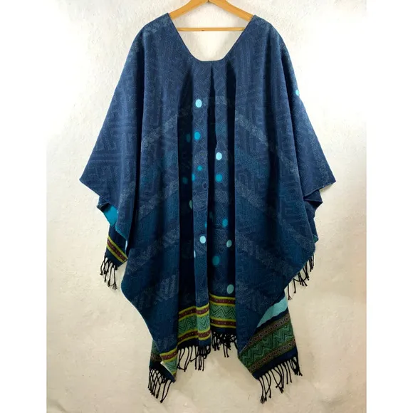 Women Open Front Wrap Poncho Sweater OS Blue Artsy Boho Western Made in France