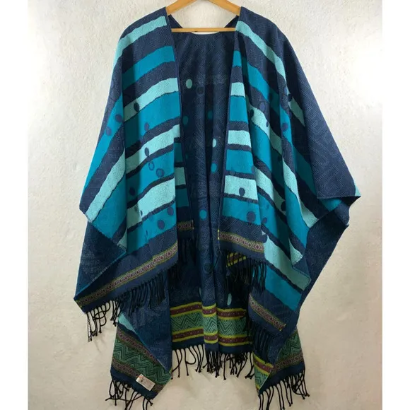 Women Open Front Wrap Poncho Sweater OS Blue Artsy Boho Western Made in France