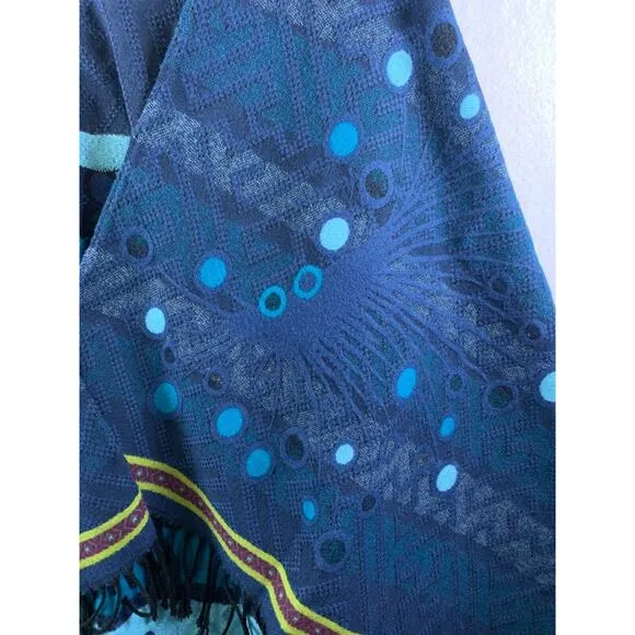 Women Open Front Wrap Poncho Sweater OS Blue Artsy Boho Western Made in France