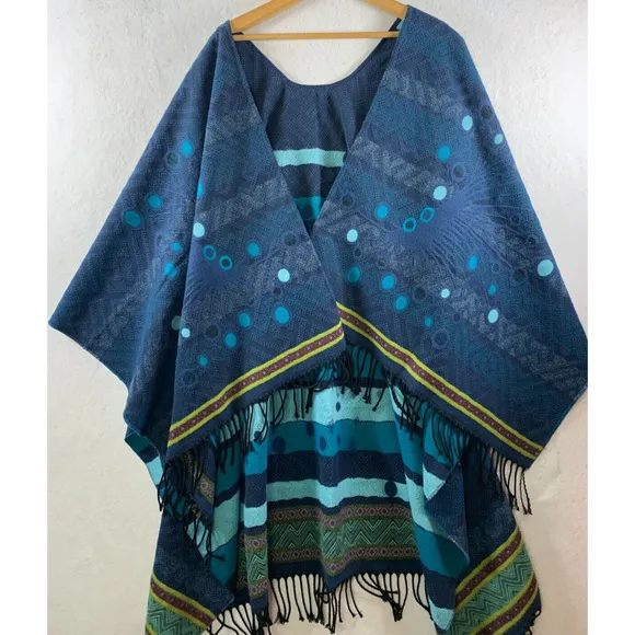 Women Open Front Wrap Poncho Sweater OS Blue Artsy Boho Western Made in France