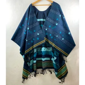 Women Open Front Wrap Poncho Sweater OS Blue Artsy Boho Western Made in France