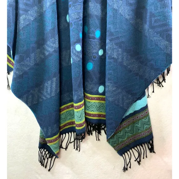 Women Open Front Wrap Poncho Sweater OS Blue Artsy Boho Western Made in France