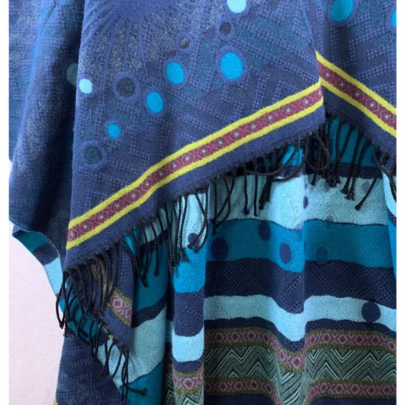 Women Open Front Wrap Poncho Sweater OS Blue Artsy Boho Western Made in France