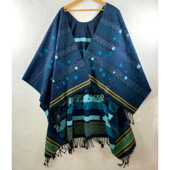 Women Open Front Wrap Poncho Sweater OS Blue Artsy Boho Western Made in France