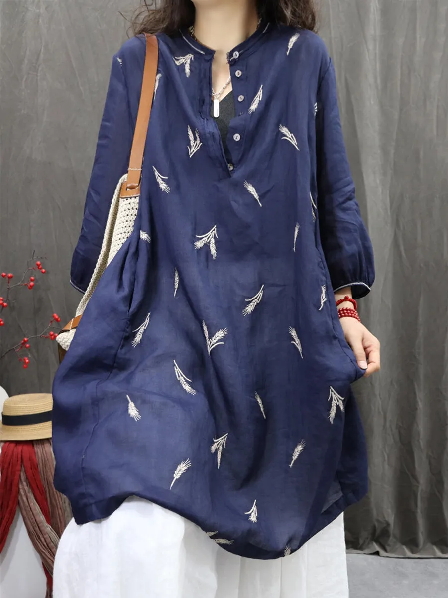 Women Spring O-Neck Embroidery 100%Ramie Long Shirt