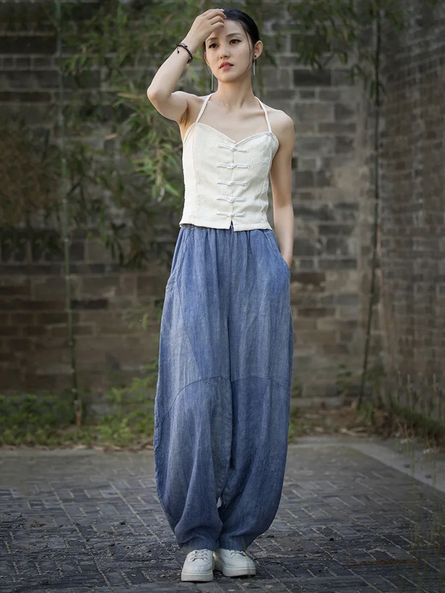Women Summe Vintage Tie-dye Spliced Ramie Bloomers