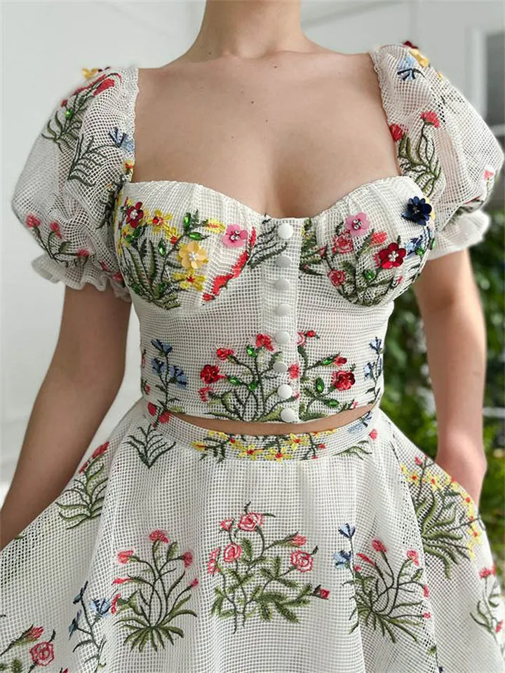 Women's Bohemian Backless Embroidery Puff Sleeve Shirt   Long Skirt