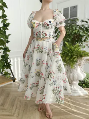 Women's Bohemian Backless Embroidery Puff Sleeve Shirt   Long Skirt