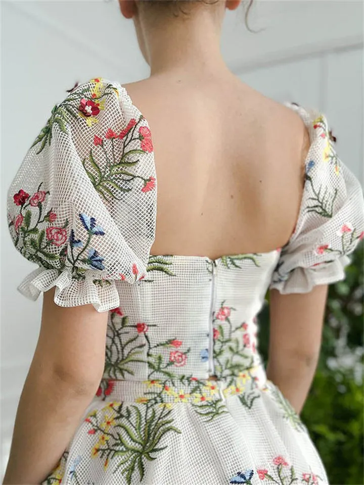 Women's Bohemian Backless Embroidery Puff Sleeve Shirt   Long Skirt