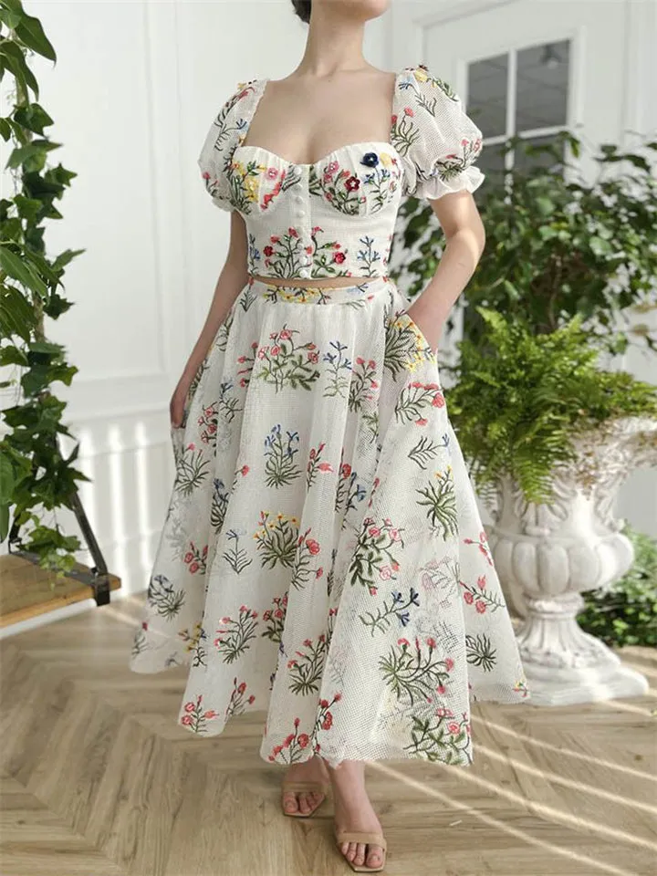 Women's Bohemian Backless Embroidery Puff Sleeve Shirt   Long Skirt