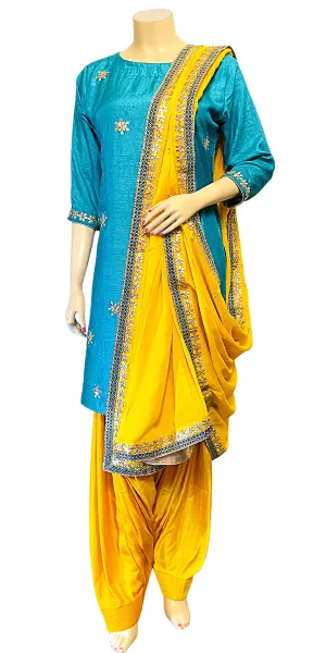 Yellow & Turquoise Color, Rajasthani Traditional Gota Patti Hand Work Patiala Salwar Suit