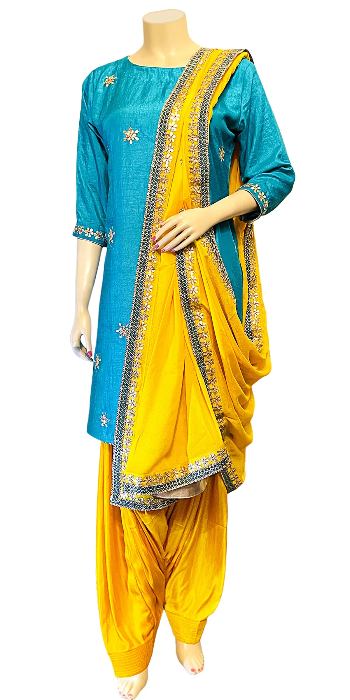 Yellow & Turquoise Color, Rajasthani Traditional Gota Patti Hand Work Patiala Salwar Suit