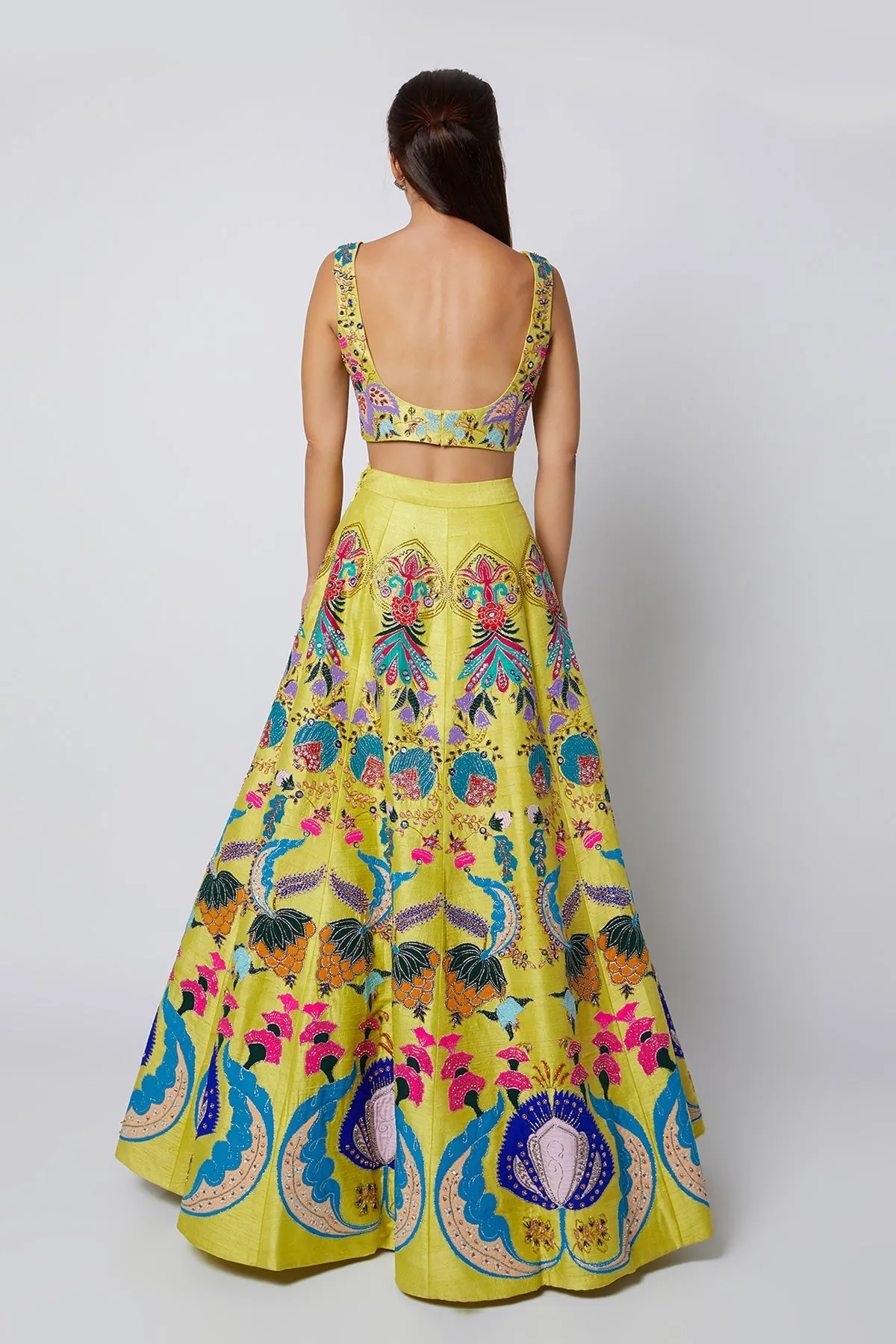 Yellow Nadenka Raw Silk Appliquéd And Embellished Lehenga With Blouse And Cutwork Tulle Dupatta
