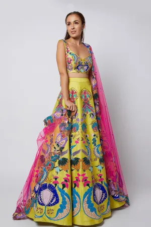 Yellow Nadenka Raw Silk Appliquéd And Embellished Lehenga With Blouse And Cutwork Tulle Dupatta