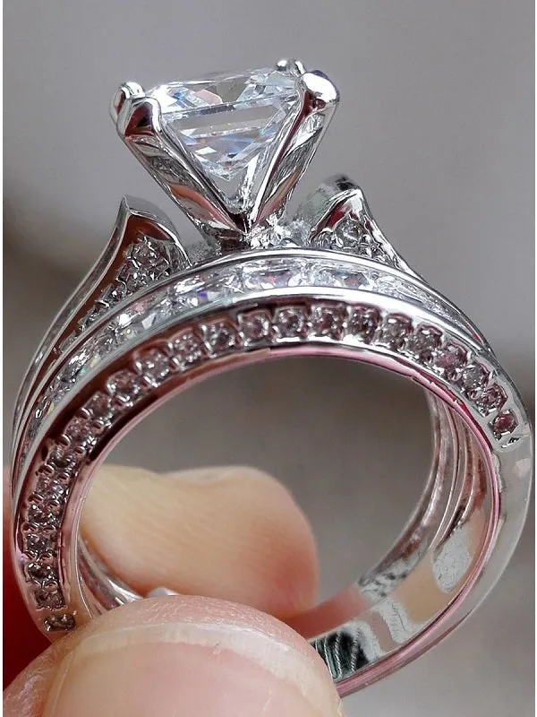 Zallure Luxury 2Pcs Ring Set Clear AAAA Cubic Zircon Ring for Lovers White gold Plated