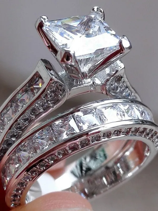 Zallure Luxury 2Pcs Ring Set Clear AAAA Cubic Zircon Ring for Lovers White gold Plated